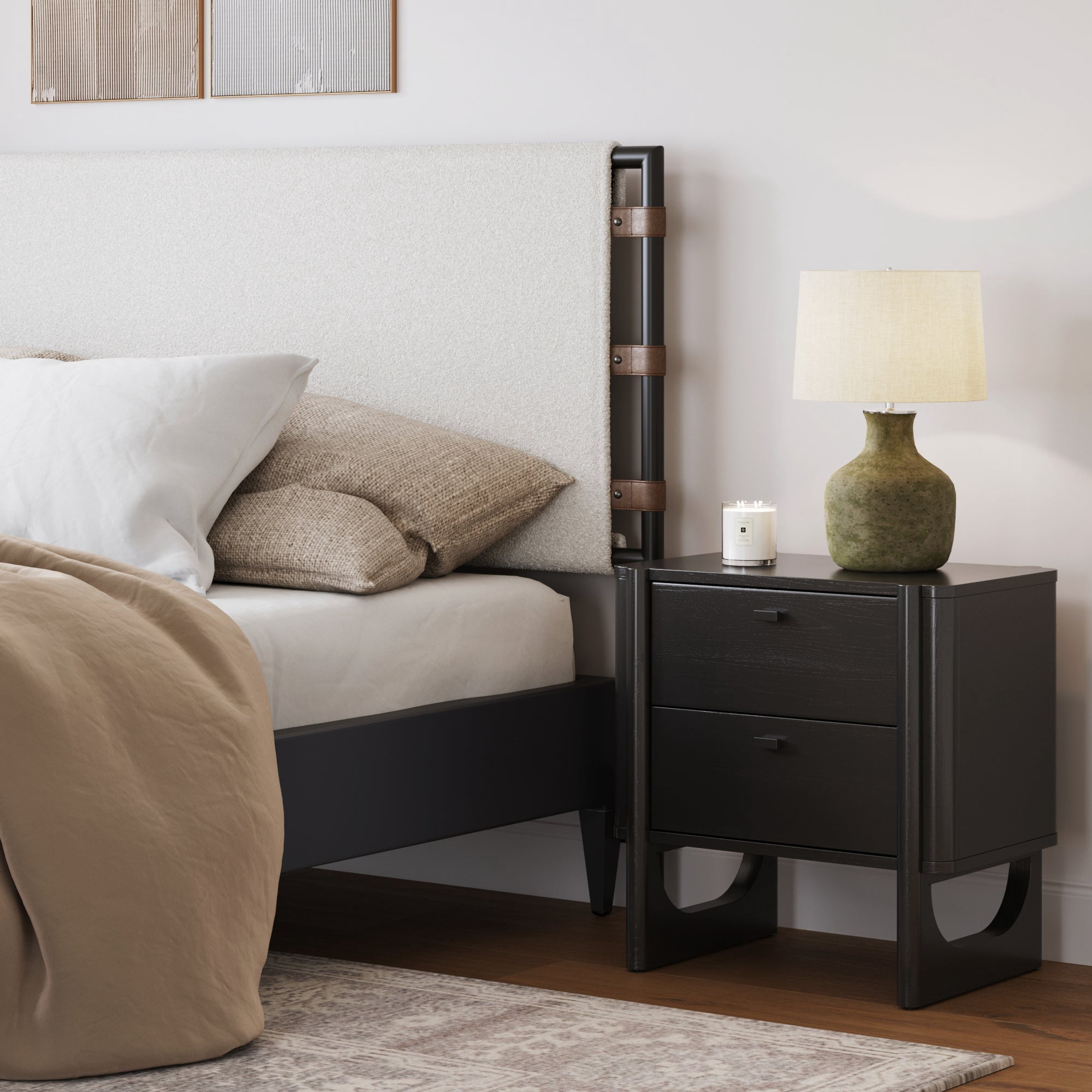 Nathan James Solace Mid Century Modern 2 Drawer Nightstand with Solid Wood Frame and Rounded Details, Black