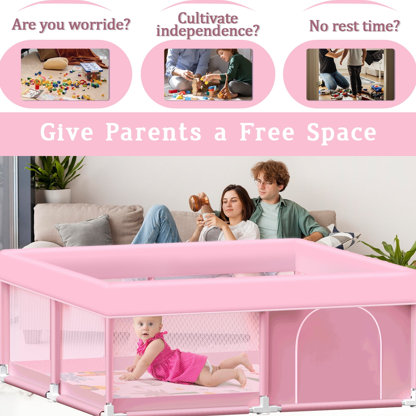 Baby Playpen with Mat 50x50 Inch Large Girls Pink Playpen for Babies and Toddlers 1-3 Baby Play Pen