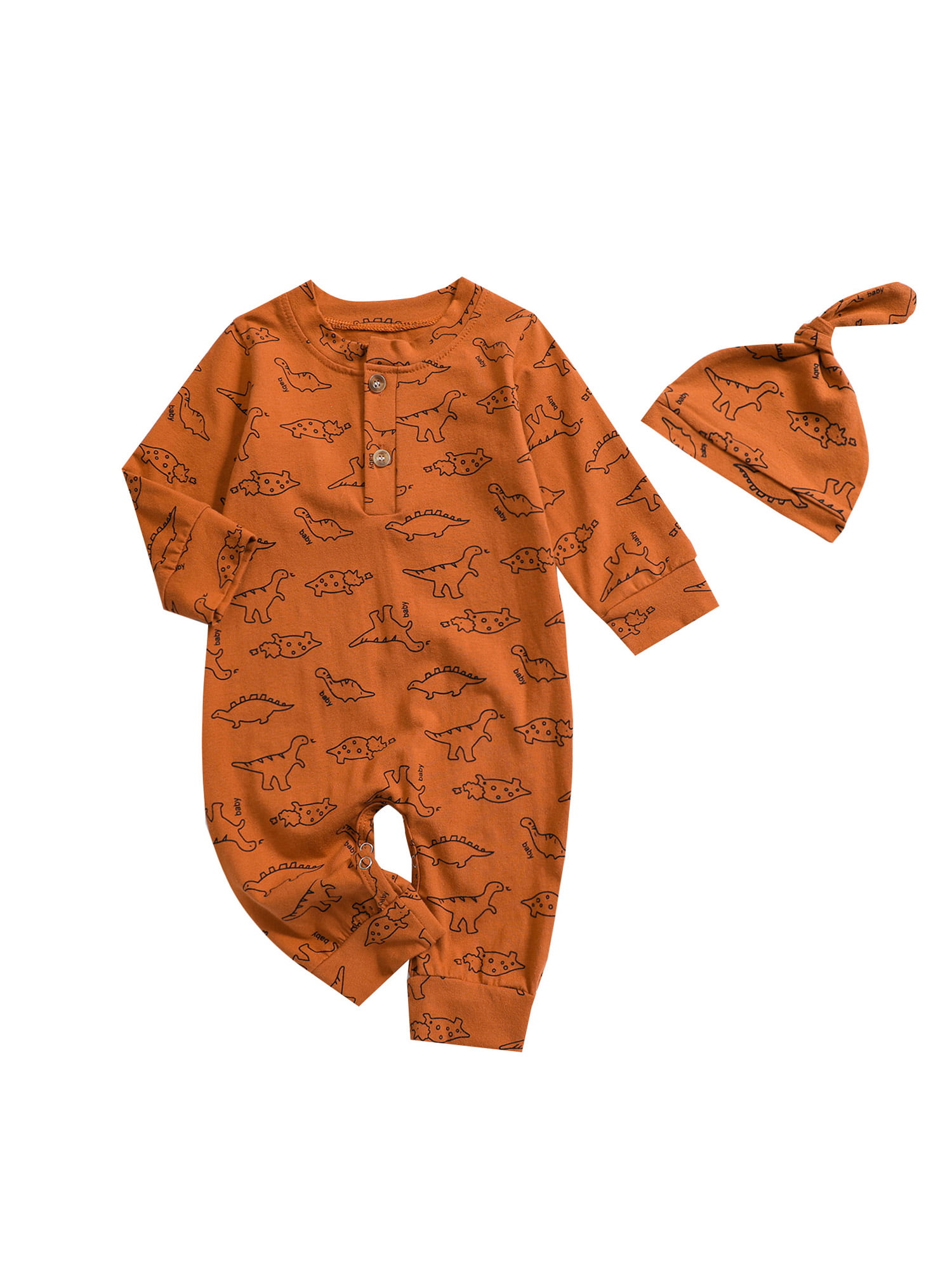 TheFound Newborn Unisex Baby Boy Girl Dinosaur Button Romper Long Sleeve  Bodysuit One Piece Jumpsuit with Hat - Walmart.com
