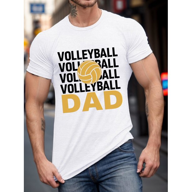 Volleyball Dad Print T-Shirt for Men - Casual Polyester Knit Fabric, Geometric Pattern, Round Neck, Regular Fit, Summer Short Sleeve Tee