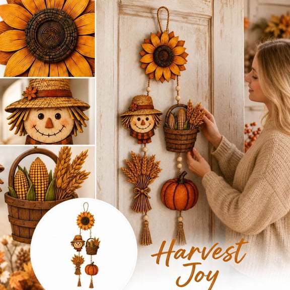 GIPQJK Rustic Wooden Fall Door Sign Hanging Plaque, Autumn Harvest Sunflower Pumpkin Wall Decor for Home Porch Entryway, 2D Pastoral Breeze Wood Decoration Multicolor