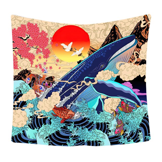 Tapiz japonés Ukiyo-e Ola Mar Koi ShuxiuWang Gran ballena Atardecer Paisaje 150 cm x 200 cm