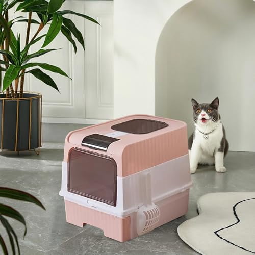 Cat Litter Box, Enclosed Removable Litter Boxs for Big Cats, Front Entry Top Exit Kitty Box Odor Control (Pink)
