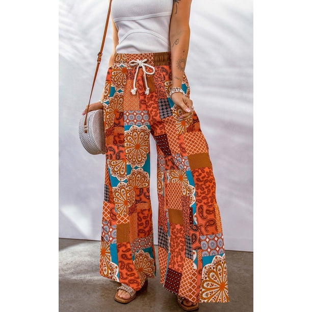Pantalones Mujer Pantalones casuales estampados florales Cordón Pantalones de pierna ancha Suave para el trabajo (Naranja XXL) Ygjytge para Mujer Naranja T M