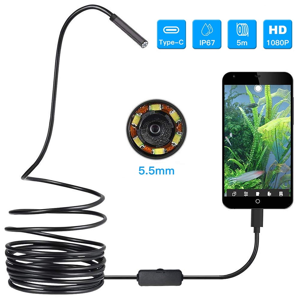 Mac Notebooks Windows PC USB Endoscope 3 in 1 Borescope 5.5mm Waterproof Snake Inspection Camera Semi-Rigid with 6 Adjustable LEDs for OTG Android Phones