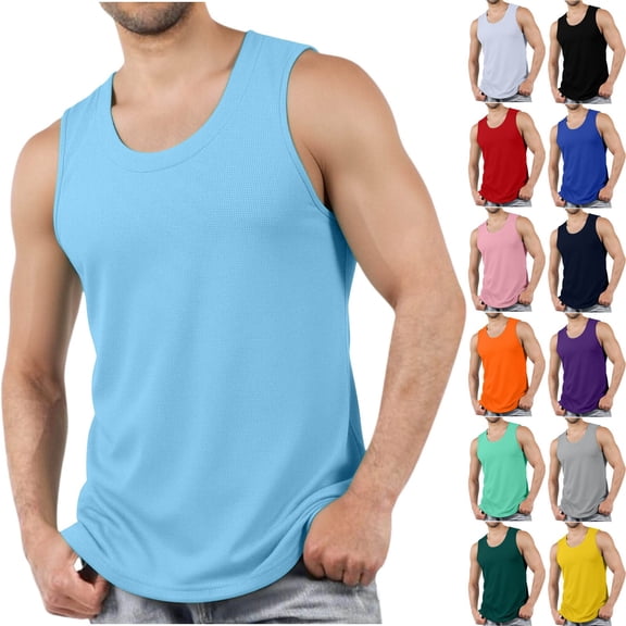 Mens Undershirts Summer Athletic Sleeveless Crew Neck Solid Color Tank Tops Outdoor Sport Workout Gym Pullover Shirts Activewear