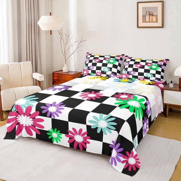 Homewish Boys Girls Groovy Flower Twin Sheet Sets 3pcs,Geometric Plaid Twin Fitted Sheet Microfiber,Vintage Aesthetic Breathable Flat Sheet,Breathable Home Decor