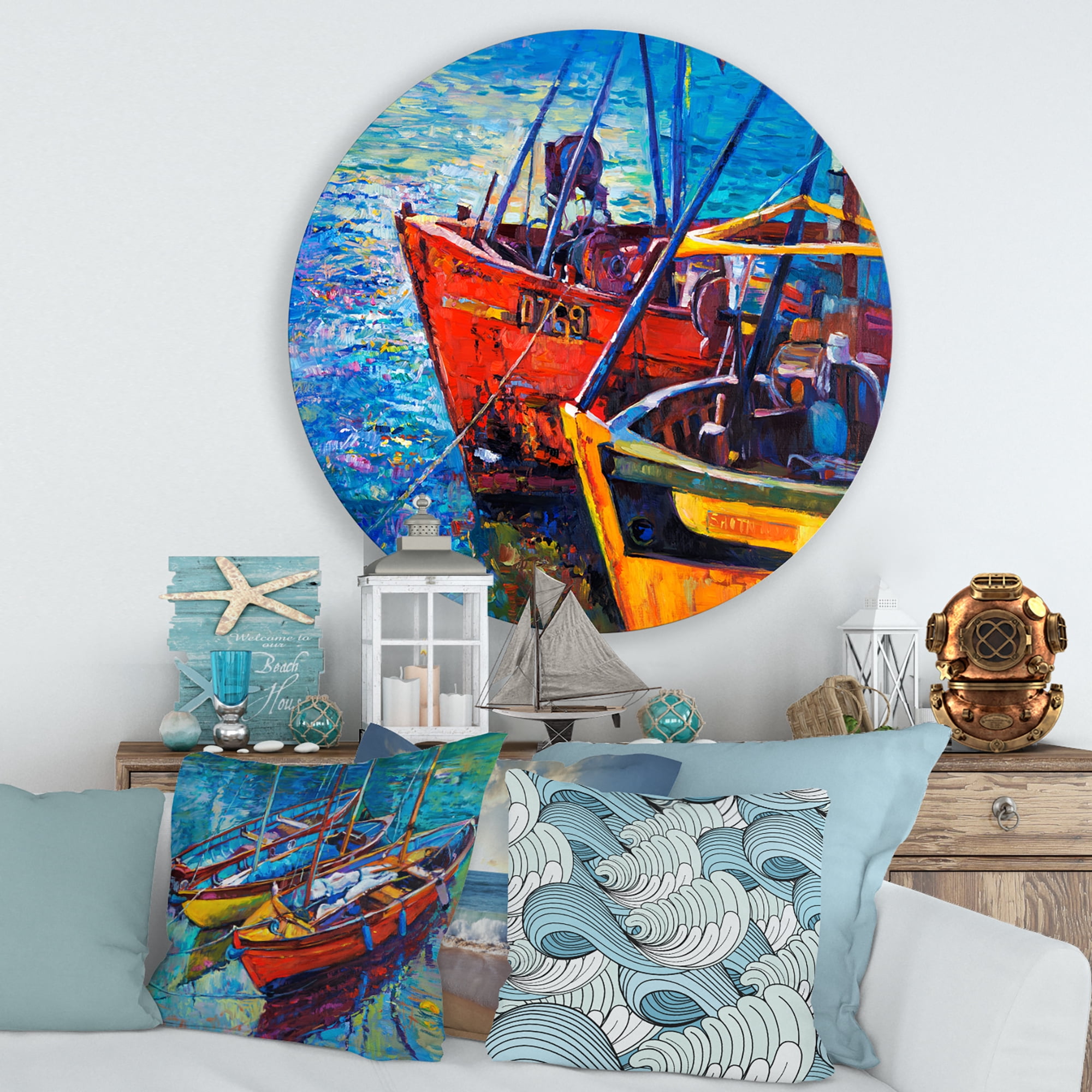 Designart 'Boats During Warm Sunset Resting On The Water VII' Nautical & Coastal Circle Metal Wall Art 29x29 - Disc of 29
