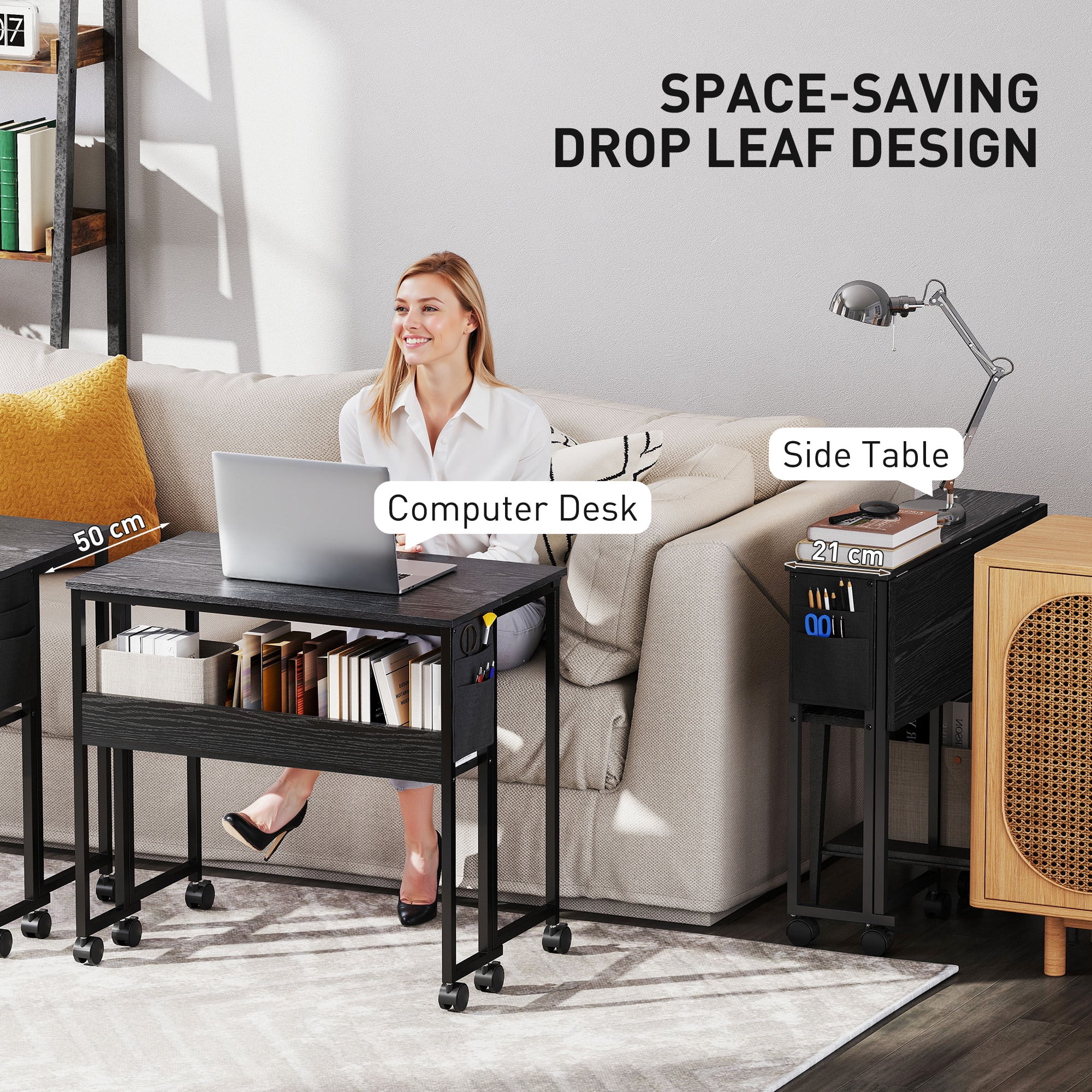 HOMCOM Small Folding Desk, 31.5" Foldable Computer Desk with Storage Bag, Shelf and Wheels for Small Spaces, Home Office, Easy Assembly, Black