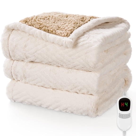 MARNUR Heated Blanket Extra Large Electric Throw 50"×72", Jacquard Faux Fur & Sherpa Heated Throw Blanket with 10 Heat Levels, 4H Timer, Machine Washable, White
