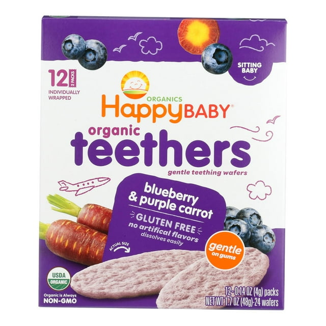 Arándanos orgánicos y zanahoria morada Teethers Happy Baby, 50 g