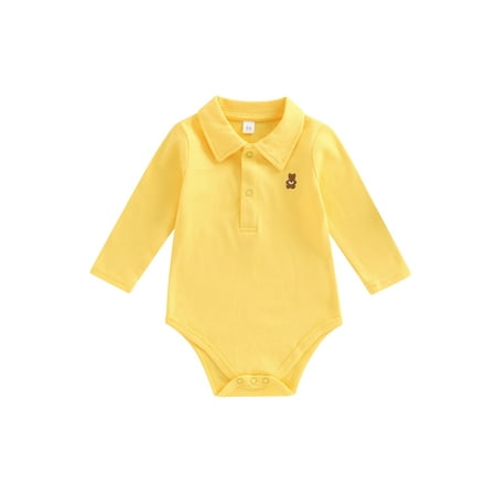 

Amuver Baby’s Casual Long Sleeve Romper Cartoon Bear Embroidery Button Lapel Triangle Jumpsuits