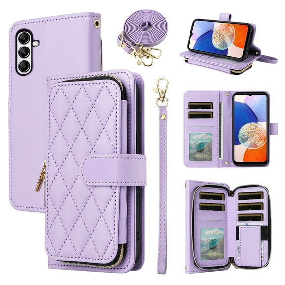 Furiet Argyle Wallet Case for Samsung Galaxy S25 FE 5G with Wrist/Shoulder Strap, Card Slots Zipper Purse Luxury PU Leather Stand Cell Phone Cover for S 25 EF S25FE 25S 25FE Women Girls Purple