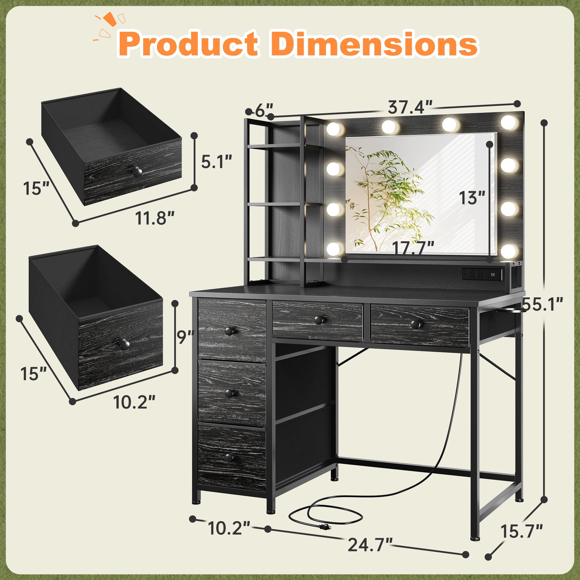 Black Vanity with Mirror and Lights Makeup Vanity Desk with 5 Fabric Drawers Dressing Table with Storage Drawers for Bedroom