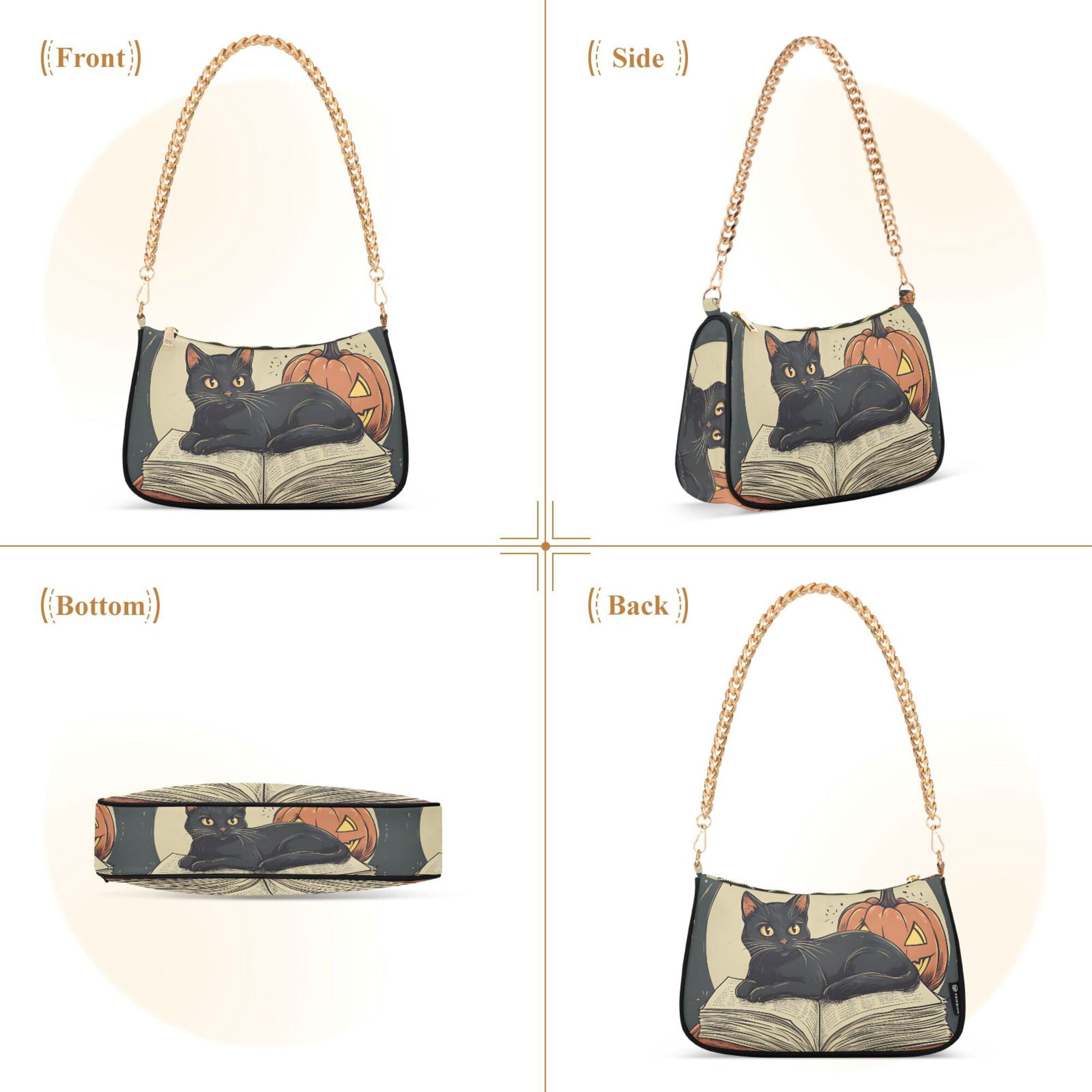 FORMRS Womens Shoulder Bag with Chain Strap Clutch Purse Cute Tote Handbag, Black Halloween Cat