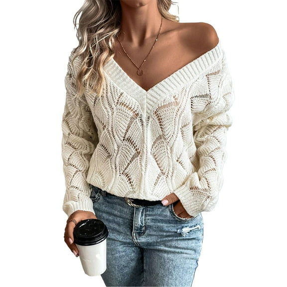 Women's Beige Hollow Out Knit Drop Shoulder V Neck Sweater | [ZhiHiMeRi] | (US 12-14)L
