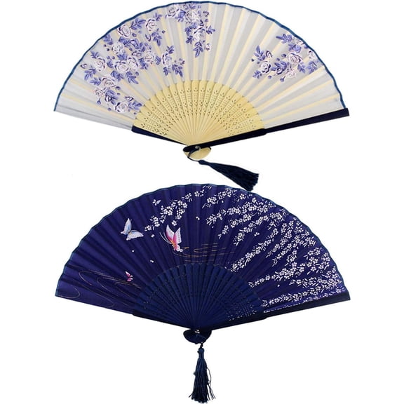 2 count Handheld Fans, Silk Folding Fans with  Frames for Dancing  Wedding Party Props Decoration, White Blue