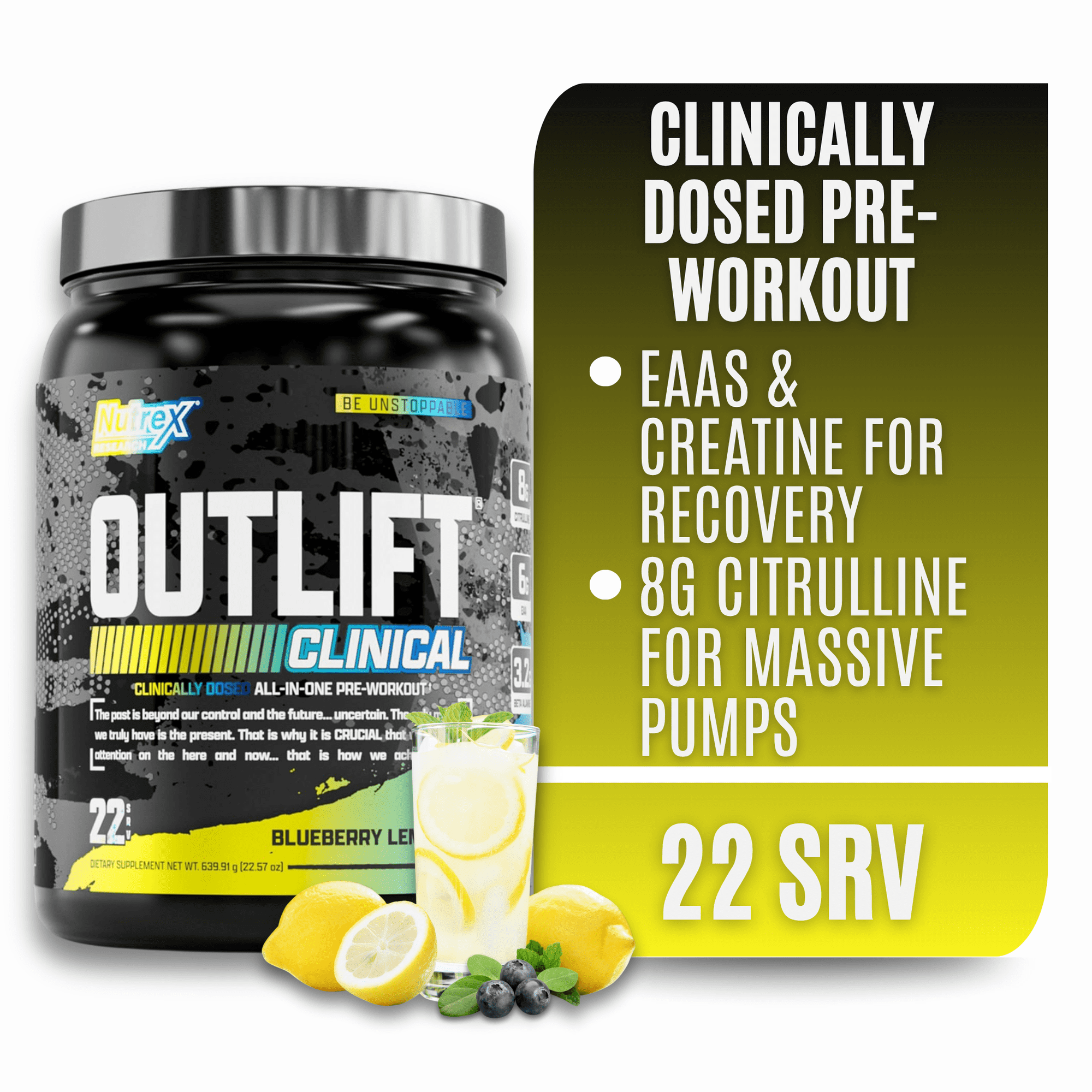 Nutrex Research Outlift Clinically Dosed Pre Workout Powder with Creatine, 8G Citrulline, BCAA - Energy, Performance, Pump Preworkout Supplement for Men & Women (22 Servings, Blueberry Lemonade)