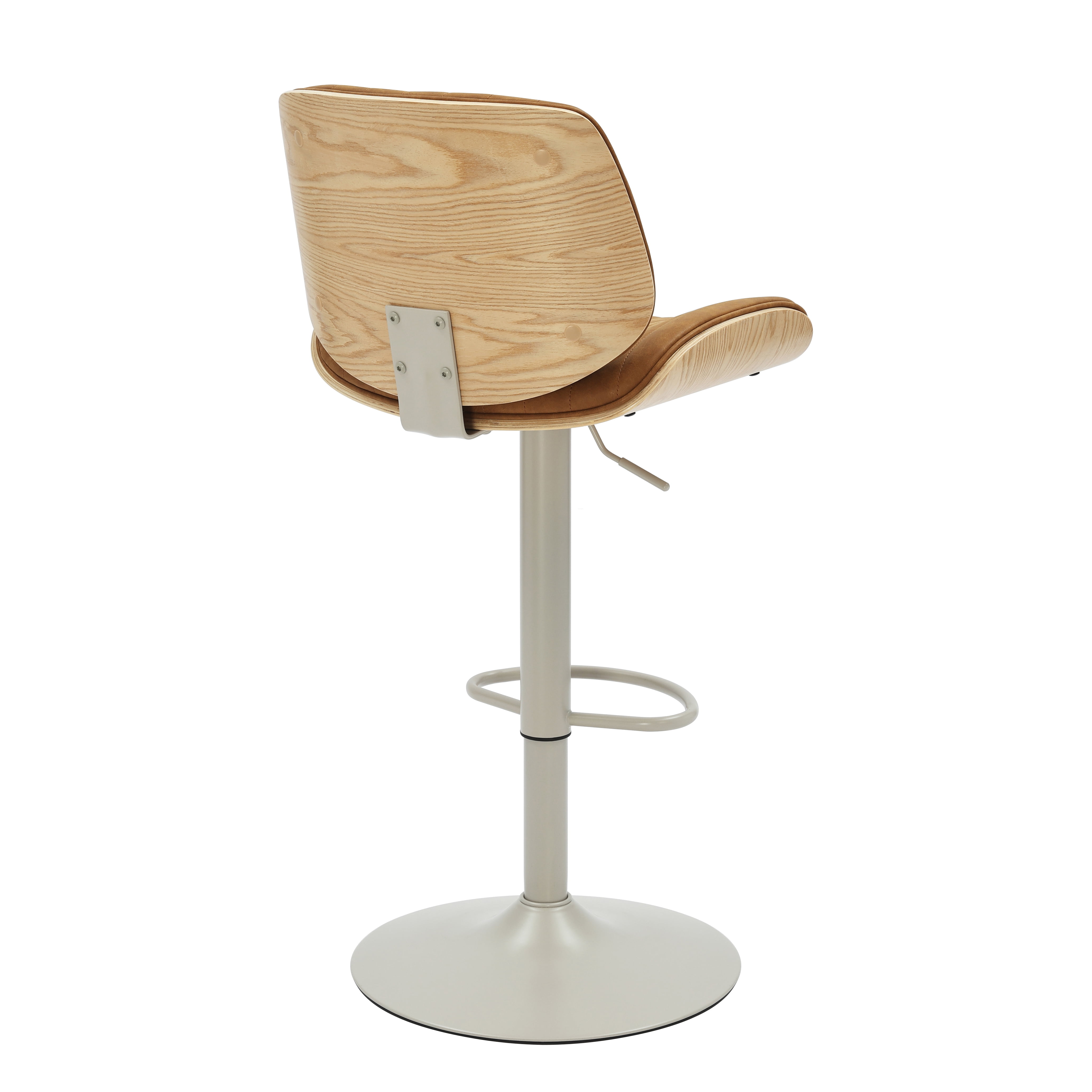 Brock Adjustable Swivel Camel Curved Back Wood Bar Stool with Faux Leather Seat