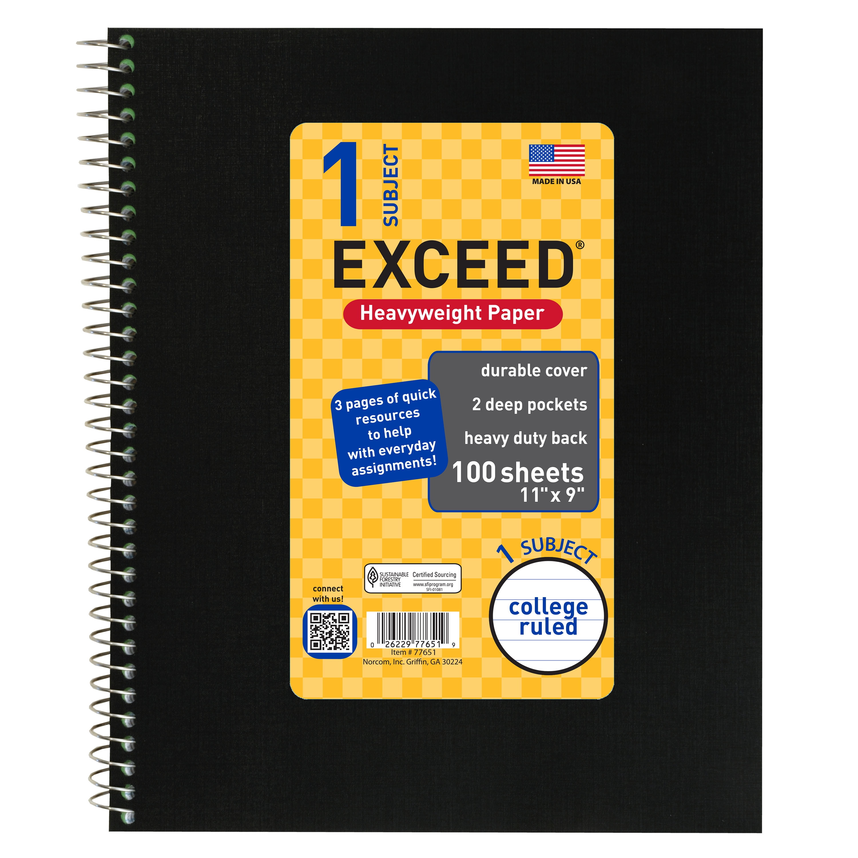 100 Count 1 Subject Black Exceed Notebook, 11" x 9", College Ruled