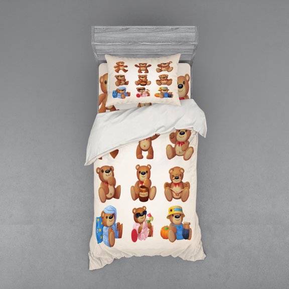 Cartoon Duvet Cover Set, Happy Toy Teddy Bears with Funny Different Faces Nostalgic Kids Design, Bedding Set with Shams and Fitted Sheet, 3 Sizes, by Ambesonne