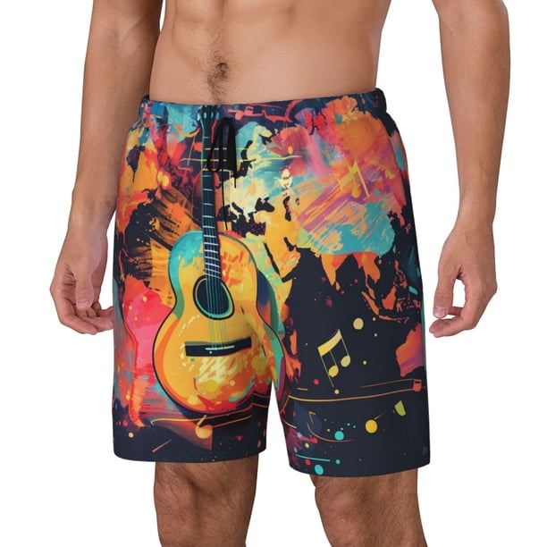 Balery World Map Guitar Illustration Bañador para hombre, shorts de playa de secado rápido con entrepierna y forro de compresión-XX-Large