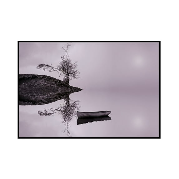 Row Boat & Island - Lantern Press Photography (18x12 Framed Gallery Wrapped Stretched Canvas)