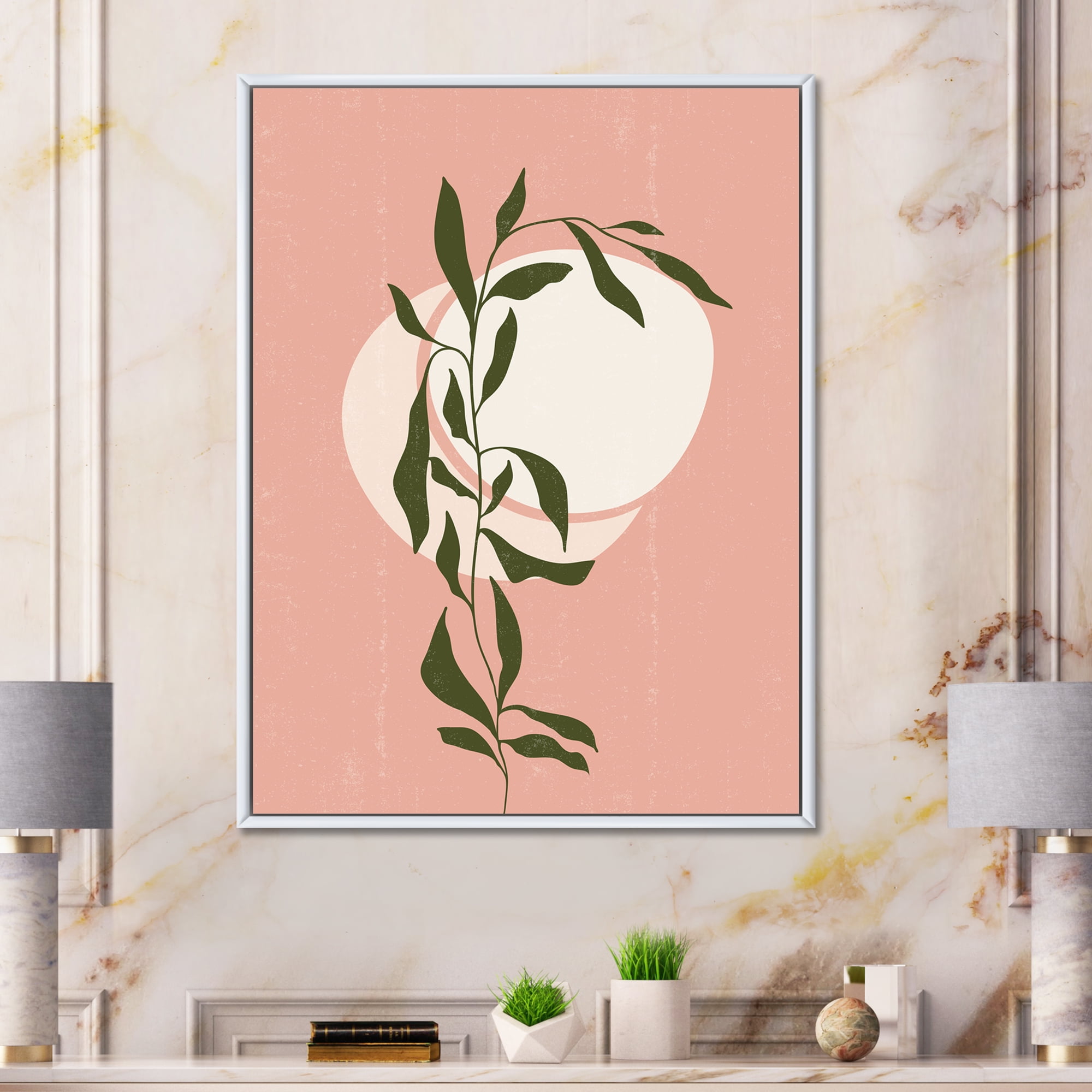 Designart 'Abstract Geometrical Moon and Sun With Leaf VI' Modern Framed Canvas Wall Art Print