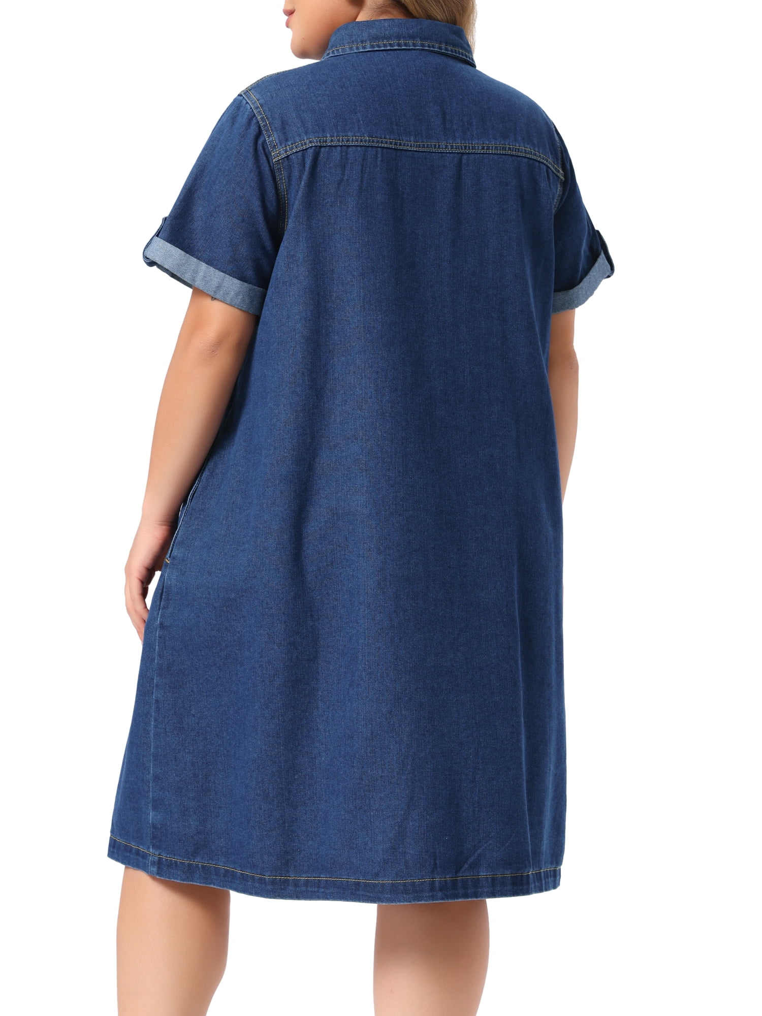 DARING DIVA Women's Plus Denim Button Down Short Sleeve Dress 1X Dark Blue
