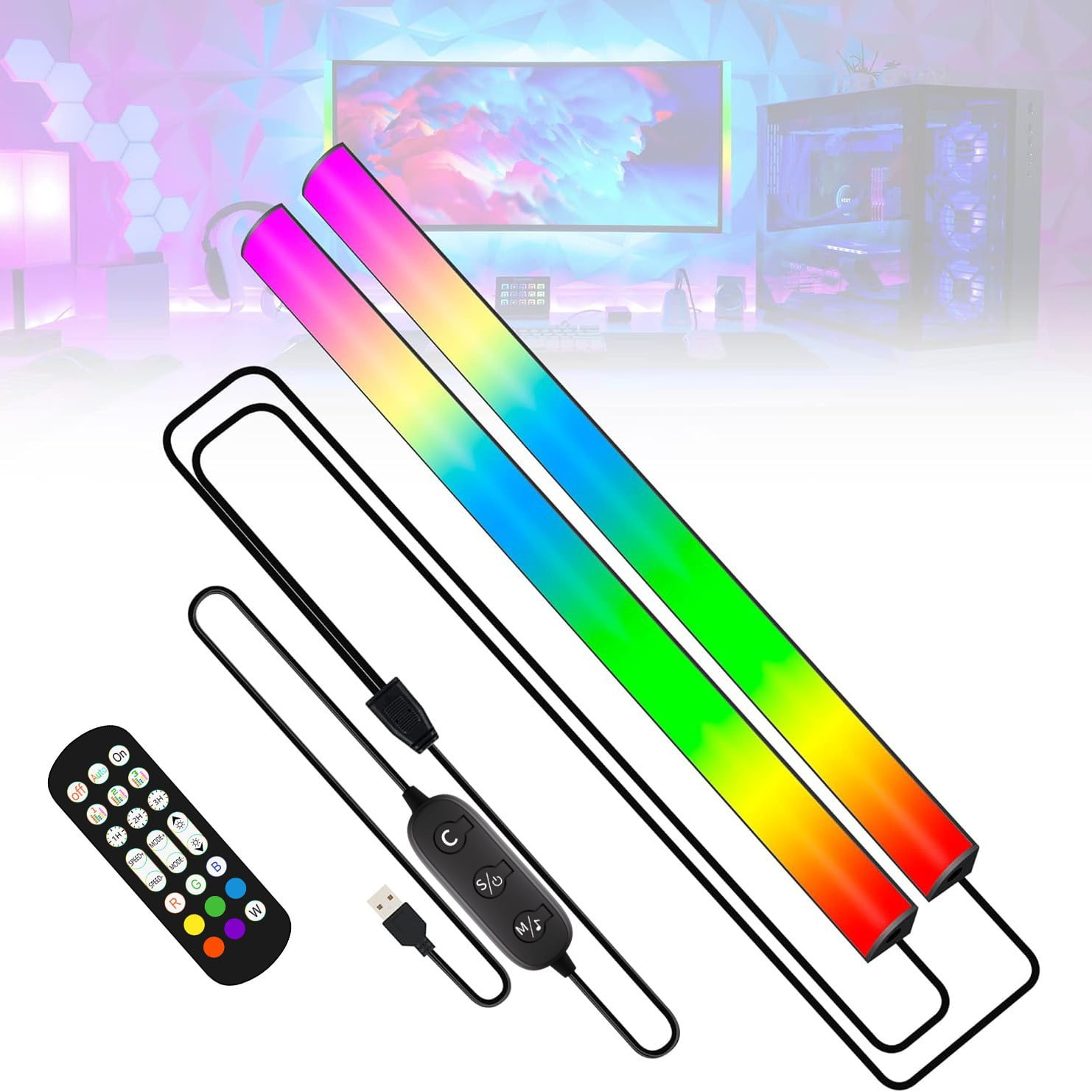 RGBIC Smart LED Light Bars USB Powered Gaming Ambient Lights with Music Sync Remote & Touch Control 7-Color Computer Monitor Backlight for E-Sports Room Decor (2 Pack)