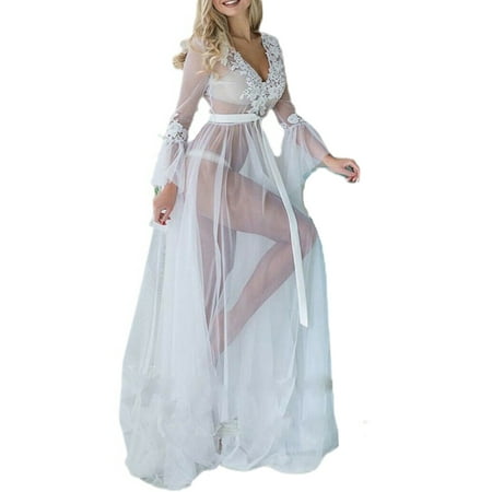Sunwanar Women Long Lace Floral Dress Sheer Gown See Through Lingerie Kimono Robe Swimsuit Cover Up