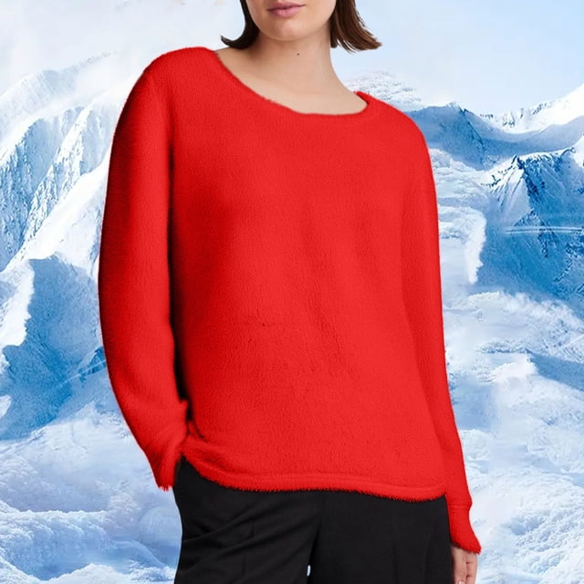 VgaVtl T-Shirt à Manches Longues pour Femmes en Molleton Automne Hiver Hauts pour Femmes Couleur Unie Ample Chaud Décontracté Chemises Rouges,G