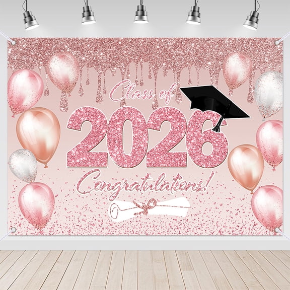 Pink Graduation 7X5FT Backdrop Class of 2026 Pink Rose Gold Graduation Backdrop Class of 2026 Banner Supplies for Pink Graduation Photo Booth Props