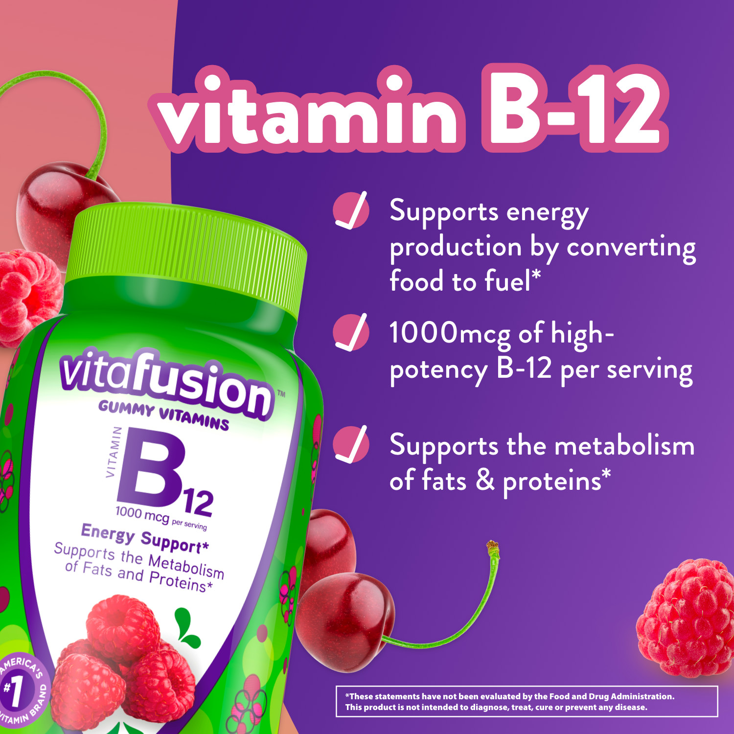 vitafusion Vitamin B12 Gummy Vitamins, Raspberry Flavored, 140 Count - image 3 of 8