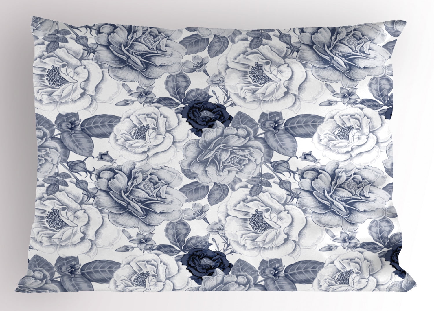 Shabby Chic Pillow Sham Garden Spring Roses Buds with Leaves Flowers Romantic Image Artwork, Decorative Standard Size Printed Pillowcase, 26 X 20 Inches, Blue Grey and White, by Ambesonne