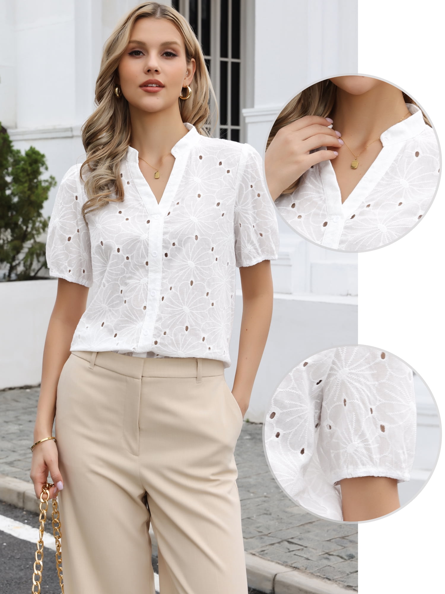 DARING DIVA Women's Eyelet Tops Short Sleeve Casual V Neck Hollow Out Shirts XS White