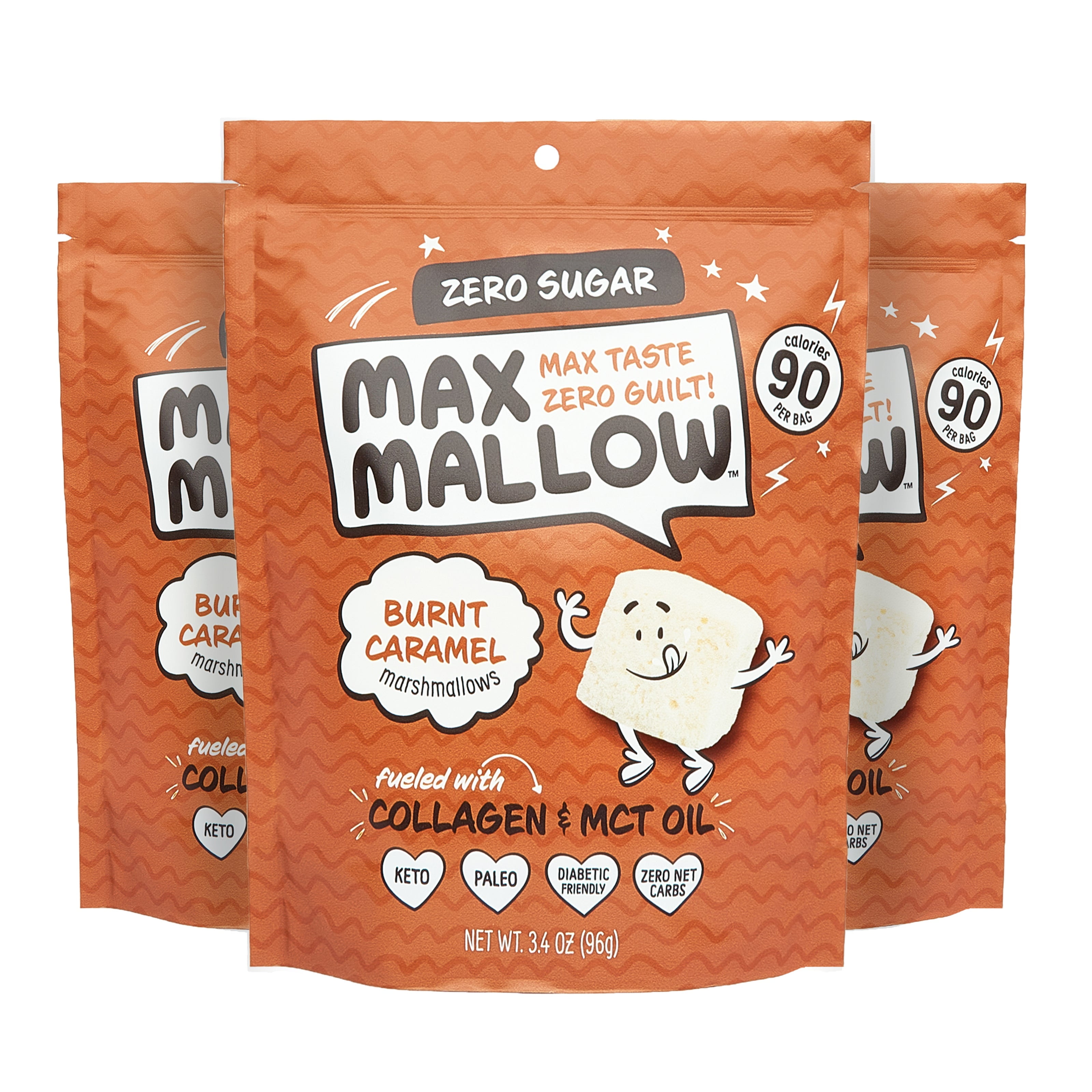 NEW Know Brainer Max  Sweets Low Carb Keto Burnt Caramel Max Mallow - Atkins, Paleo, Diabetic Friendly Health Snack - Gluten Free, Soy Free & Zero Sugar marshmallow Non-GMO Ketogenic 3 pack 10.2oz