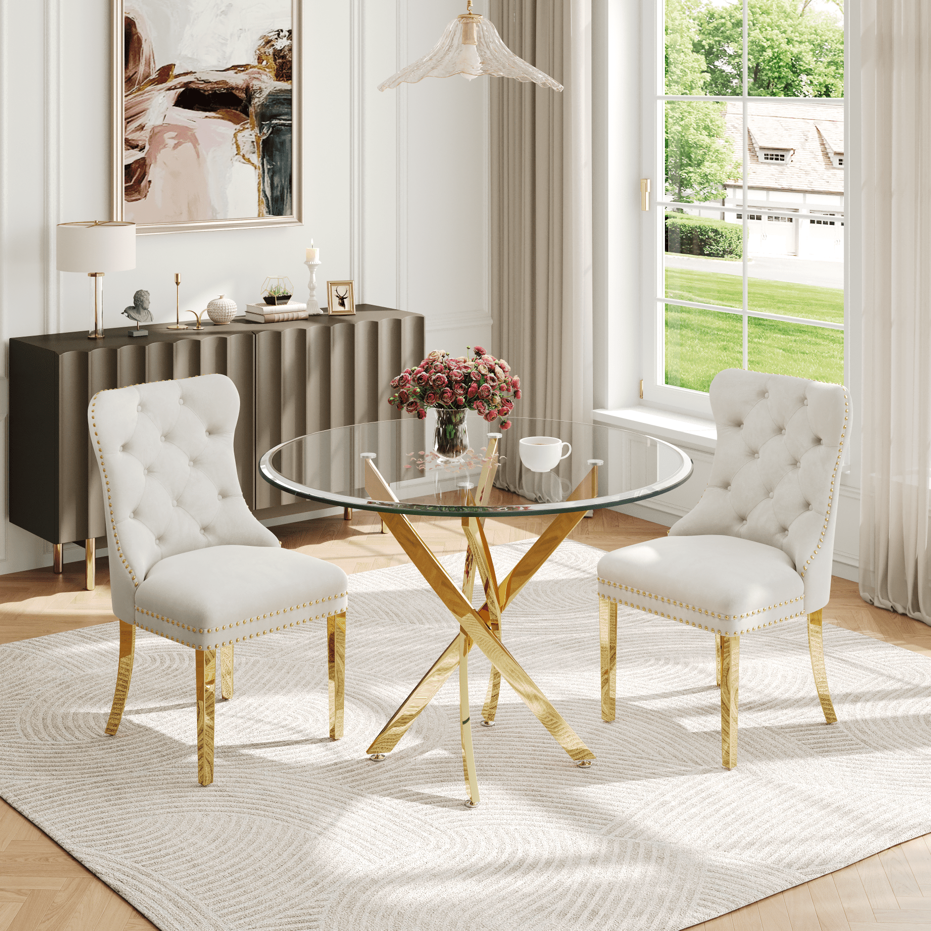 36" Round Glass Dining Table with Stainless Steel Legs, Modern Small Kitchen Table with Tempered Glass Top for Dining Room, Apartment, Kitchen