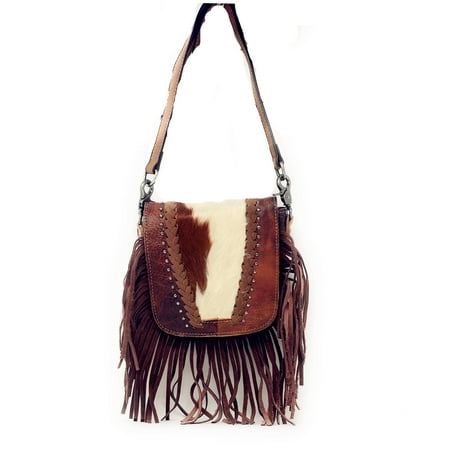 Texas West - Western Genuine Leather Cowhide Fur Fringe Womens Crossbody Bag In Multi Color ...