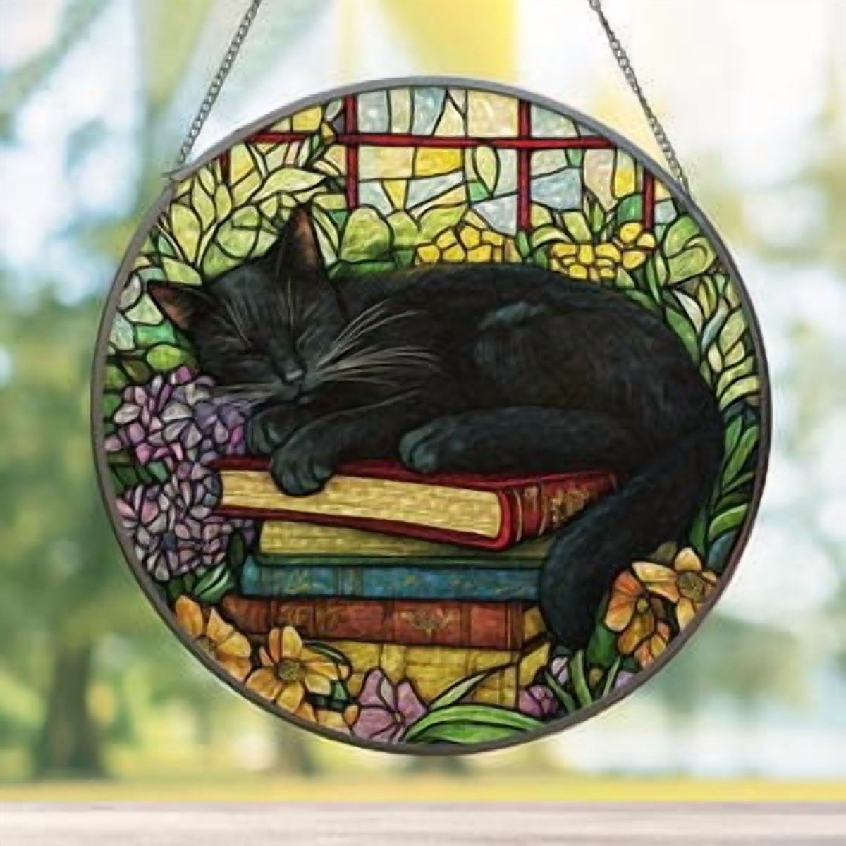 Black Cat Floral Books Glass Suncatcher Sleeping Cat Window Hanging Book Lover Gift Cat Lovers Gifts Bookish decor Cat Mom 3.5 in
