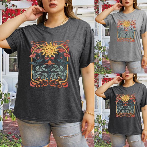 Womens Oversized Tshirt Plus Size Round Neck Graphic Tops Casual Fashion Basic Tee