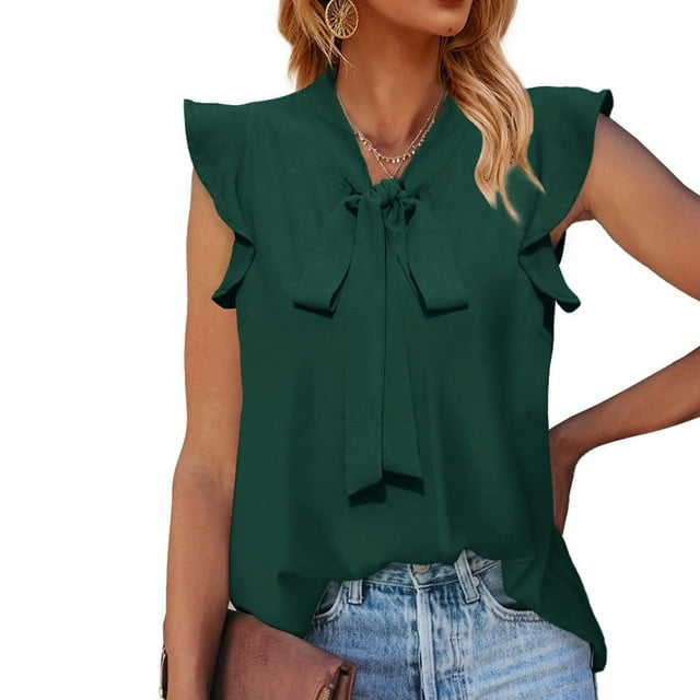 EGNMCR Débardeurs pour Femmes Blouses à Col Noué d'Été Sans Manches à Volants
