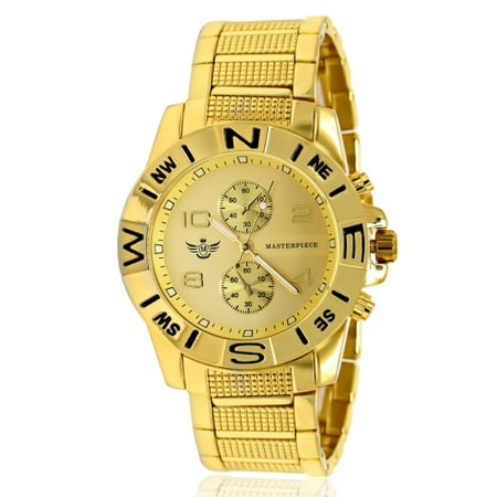 Temp Compass Mens Watch - Gold Compass Bezel Executive Classic Mens Watch