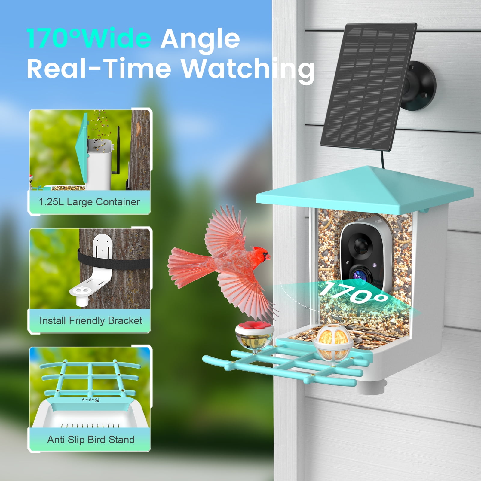 isYoung Bird Feeder with Camera, Smart Bird Camera with Solar Panel, AI Identify 16000+ Species, Automatic reminder recording, Ideal Gift
