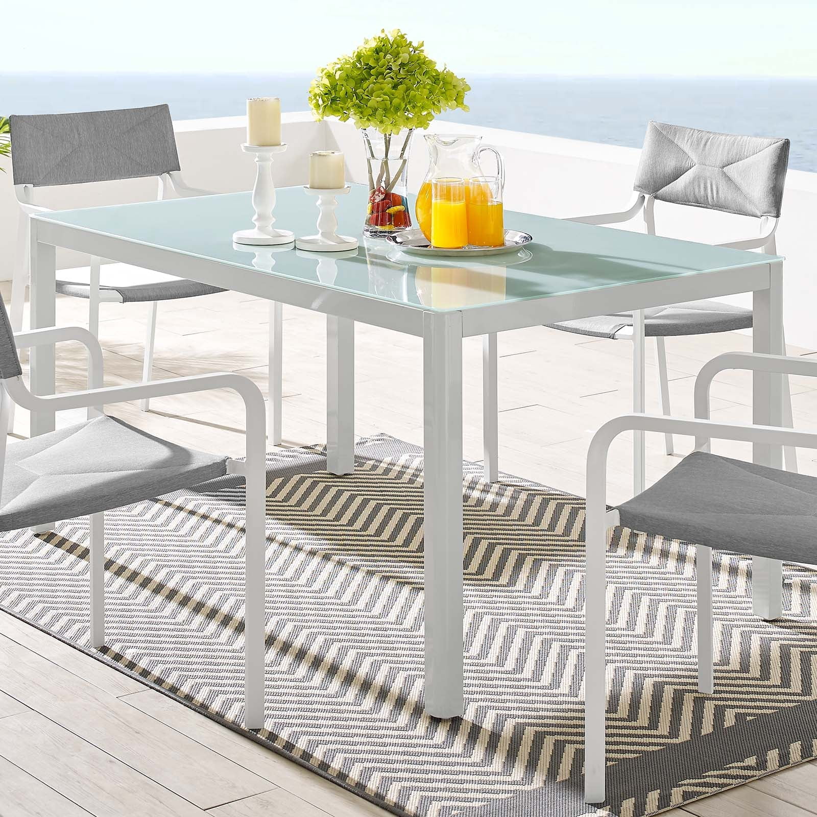 Modway Raleigh 59" Outdoor Patio Aluminum and Glass Dining Table in White