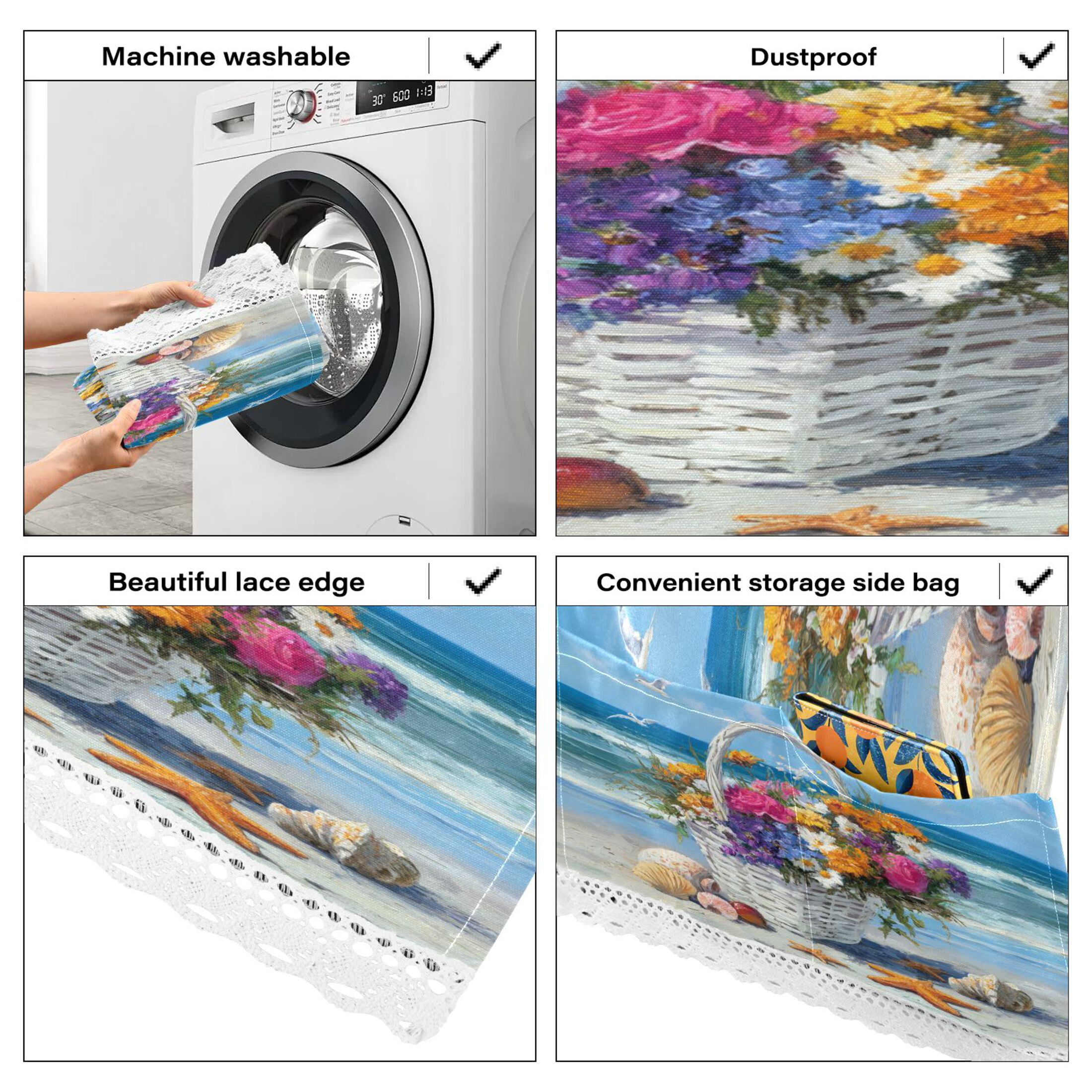 Wobogo Seaside Flower Basket Washing Machine Cover Dustproof Washer Dryer Cover Waterproof Laundry Room Decorative Protector