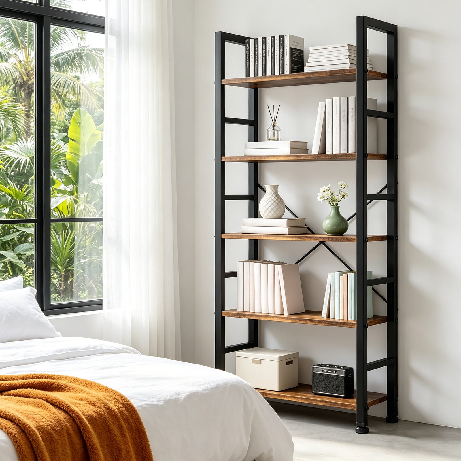 ZEUKMXOO 5-Tier Tall Vintage Industrial Open Bookshelf, Multi-Purpose Standing Storage Shelf Organizer for Living Room, Home Office, Bedroom, Kitchen