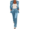 thumbnail image 4 of Floleo Women Shiny Satin Lapel Long Sleeve Blazer Elastic High Waist Straight Pocket Pants 2 Piece Elegant Business Party Matching Suit Set, 4 of 5