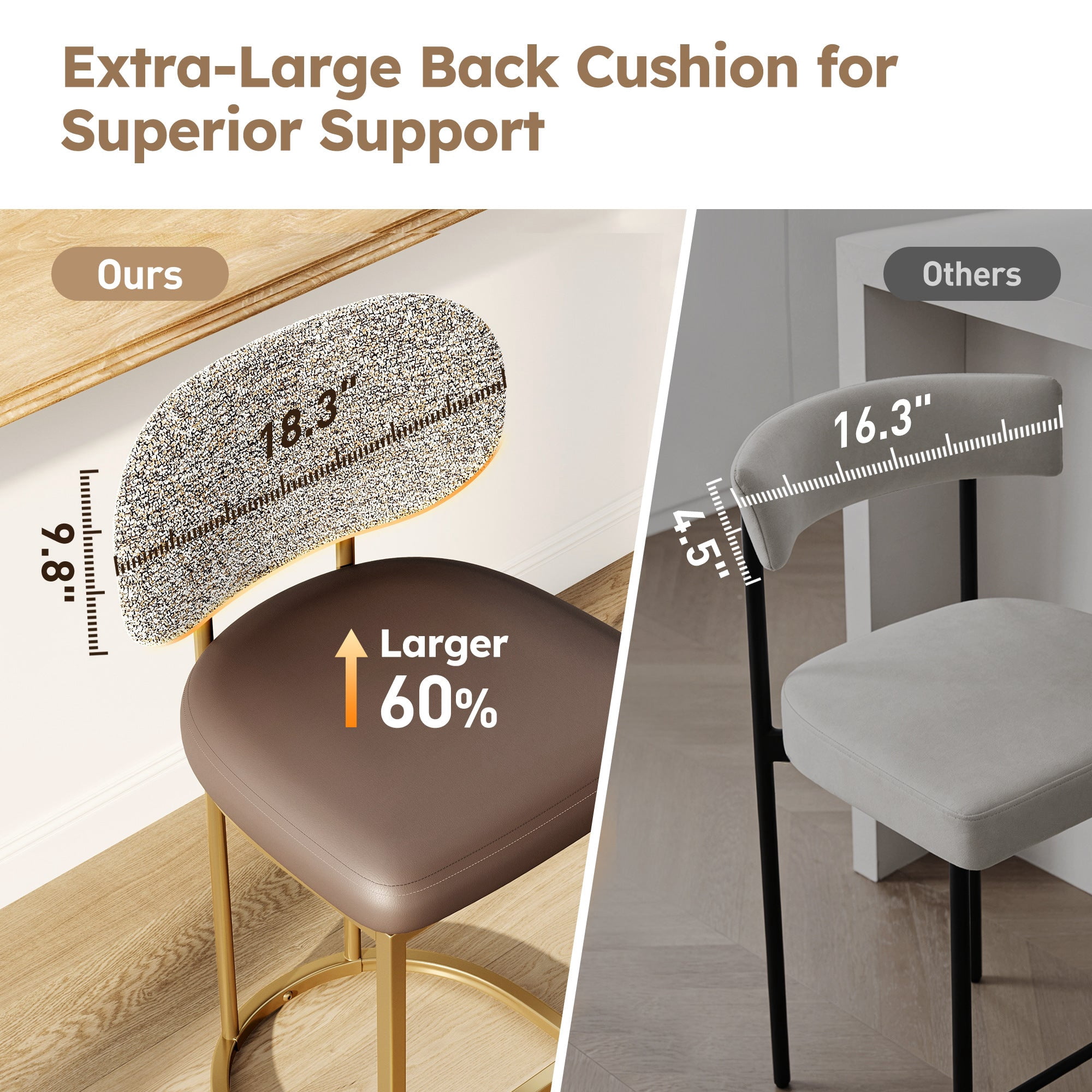 MF Studio Counter Height Bar Stool with Back Set of 2, 24.8" Modern PU Upholstered Bar Chair with Large Chenille Back and Metal Frame, Taupe