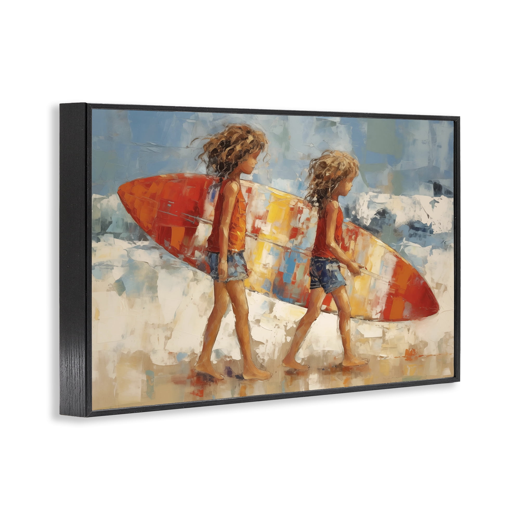 Stupell Industries Kids with Surfboard Sports Painting Black Framed Art Print Wall Art, 30 x 20